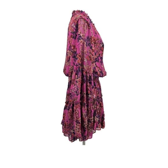 New Misa Leeva Mini Dress Womens S Fuchsia Batik Pink Sheer Chiffon Bell Sleeves - Picture 3 of 9